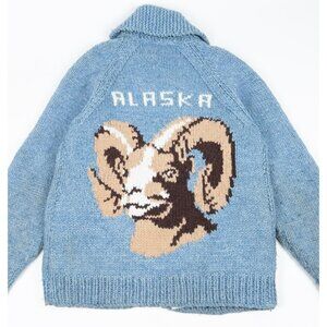 Vintage 60s Cowichan Sweater Adult Fits Small Alaska Ram Knit Lined Zip Blue